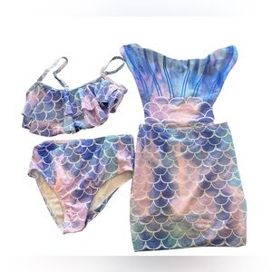 PatPat Toddler 3-4YR Bikinis Set Ruffled Top Bottom & Mermaid Tail 3PC Swimsuit